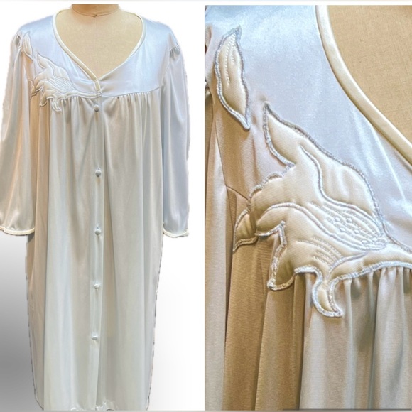 VINTAGE silky nightgown house robe embroidered‎ floral button front midi 80s - Picture 1 of 12